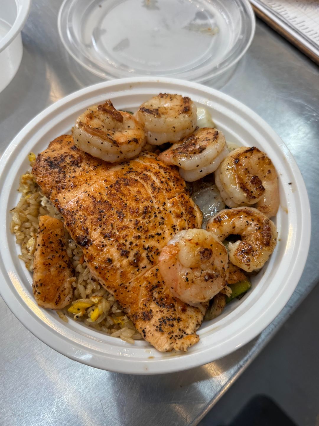 Salmon and shrimp hibachi plate